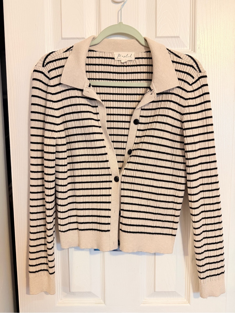 Cream and Black Striped Ribbed Polo Cardigan
